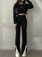 2 Pieces Knitted Tracksuit O-Neck Sweater and Wide Leg Jogging Pants - Polished 24/7