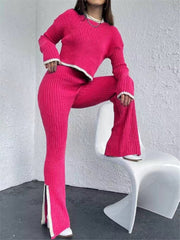 2 Pieces Knitted Tracksuit O-Neck Sweater and Wide Leg Jogging Pants - Polished 24/7