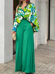 2023 European and American Women's New Print Casual Suit Loose Large Polo Shirt High Waist Wide Leg Pants 2 Piece Set - Polished 24/7