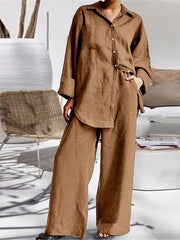 2023 Summer Autumn Casual Women Sets Loose Female Blouse Wide Leg Pant Suit Set Long Sleeve Single Breasted Blouse Top Two-Piece - Polished 24/7