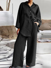 2023 Summer Autumn Casual Women Sets Loose Female Blouse Wide Leg Pant Suit Set Long Sleeve Single Breasted Blouse Top Two-Piece - Polished 24/7