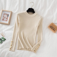 2023 women thick sweater pullovers khaki casual autumn winter button o-neck chic sweater female slim knit top soft jumper tops - Polished 24/7