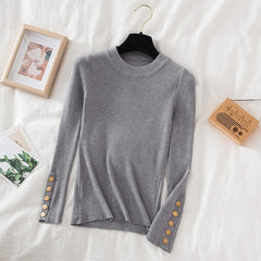 2023 women thick sweater pullovers khaki casual autumn winter button o-neck chic sweater female slim knit top soft jumper tops - Polished 24/7