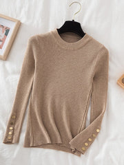 2023 women thick sweater pullovers khaki casual autumn winter button o-neck chic sweater female slim knit top soft jumper tops - Polished 24/7