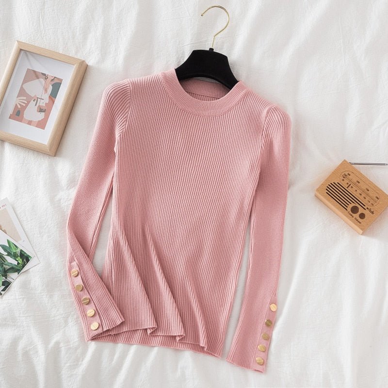 2023 women thick sweater pullovers khaki casual autumn winter button o-neck chic sweater female slim knit top soft jumper tops - Polished 24/7