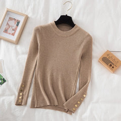 2023 women thick sweater pullovers khaki casual autumn winter button o-neck chic sweater female slim knit top soft jumper tops - Polished 24/7