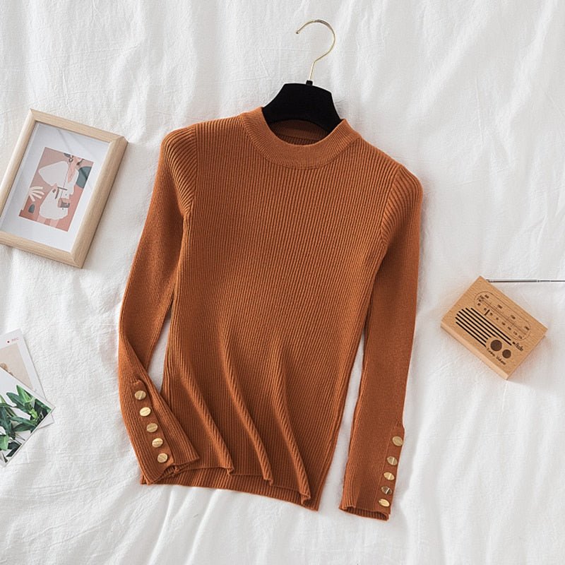 2023 women thick sweater pullovers khaki casual autumn winter button o-neck chic sweater female slim knit top soft jumper tops - Polished 24/7