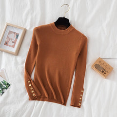 2023 women thick sweater pullovers khaki casual autumn winter button o-neck chic sweater female slim knit top soft jumper tops - Polished 24/7