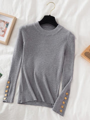 2023 women thick sweater pullovers khaki casual autumn winter button o-neck chic sweater female slim knit top soft jumper tops - Polished 24/7