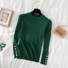 2023 women thick sweater pullovers khaki casual autumn winter button o-neck chic sweater female slim knit top soft jumper tops - Polished 24/7