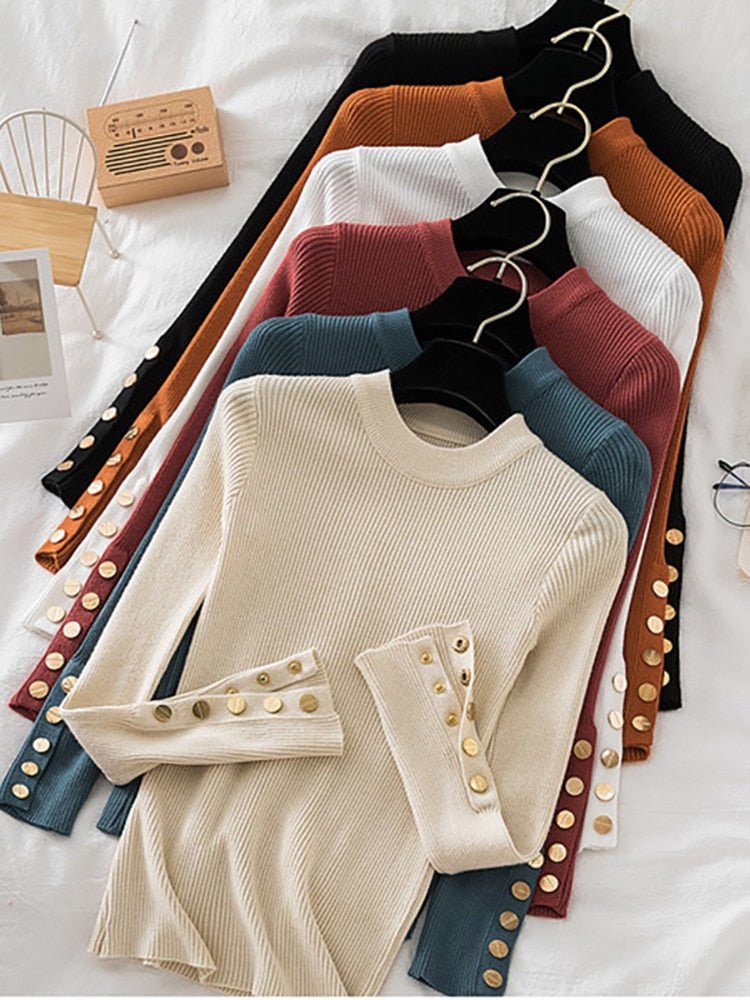 2023 women thick sweater pullovers khaki casual autumn winter button o-neck chic sweater female slim knit top soft jumper tops - Polished 24/7