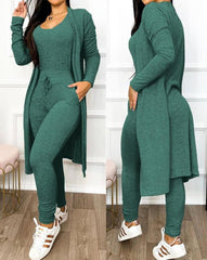 Two Piece Set Women Outfit 2023 Spring Fashion Drawstring Pocket Design U-Neck Sleeveless Skinny Jumpsuit & Long Sleeve Coat Set