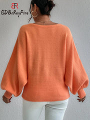 Women‘s Winter Pullovers Warm Print Lantern Sleeve Off Shoulder Casual Tops Knitted Oversized Sweater Women 2023 New In Jumper