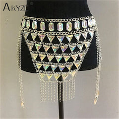 AKYZO Crazy Crystal Sequin Women 2 Piece Sets Funny Festival Outfits Handmade Patchwork Metal Tassel Chain Crop Top Women's Set - Polished 24/7