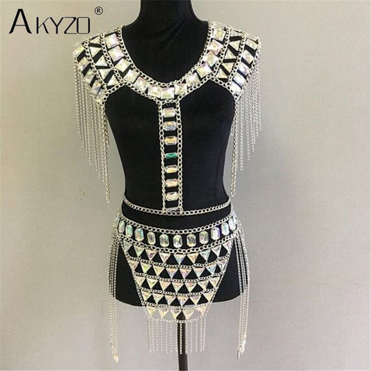 AKYZO Crazy Crystal Sequin Women 2 Piece Sets Funny Festival Outfits Handmade Patchwork Metal Tassel Chain Crop Top Women's Set - Polished 24/7