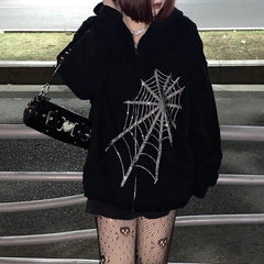 Rhinestone Gothic Black Zip Up Hoodie