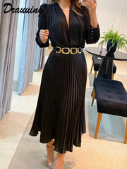 Black Ankle Length Dresses V Neck Long Sleeve - Polished 24/7