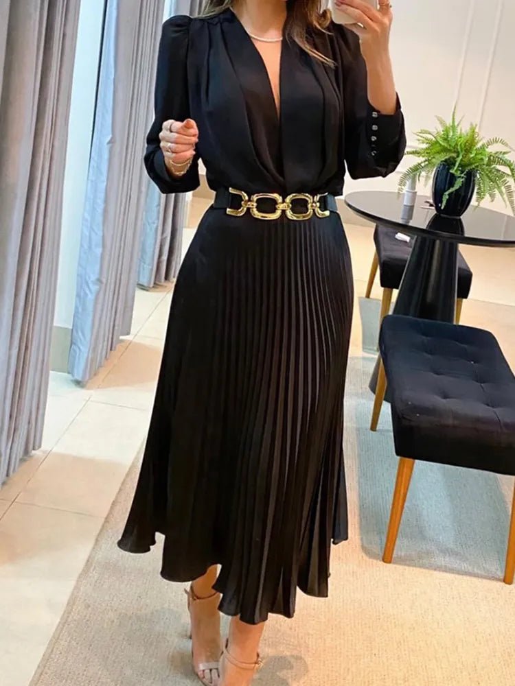 Black Ankle Length Dresses V Neck Long Sleeve - Polished 24/7