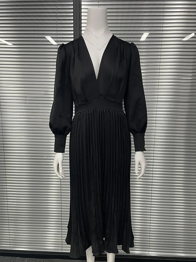 Black Ankle Length Dresses V Neck Long Sleeve - Polished 24/7
