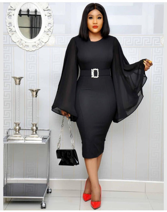 Black Elegant Party Chiffon Flare Long Sleeve Bodycon Midi Dress - Polished 24/7