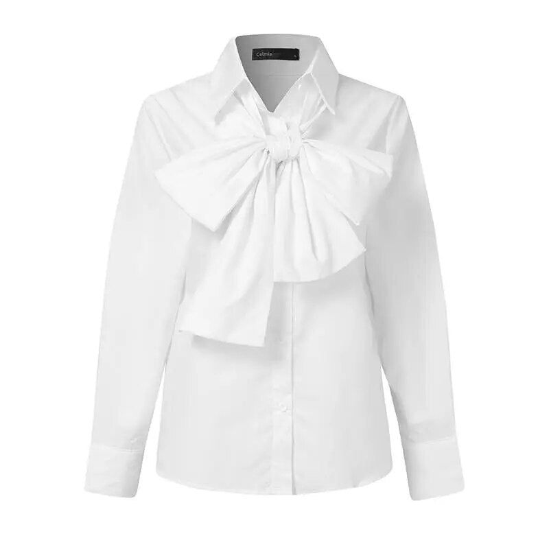 Celmia Women Bow Tie Neck White Shirts 2023 Fashion Long Sleeve Chemise Casual Elegant Party Blouse Solid Blusas Tops Femininas - Polished 24/7