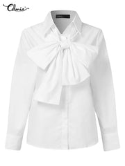 Celmia Women Bow Tie Neck White Shirts 2023 Fashion Long Sleeve Chemise Casual Elegant Party Blouse Solid Blusas Tops Femininas - Polished 24/7