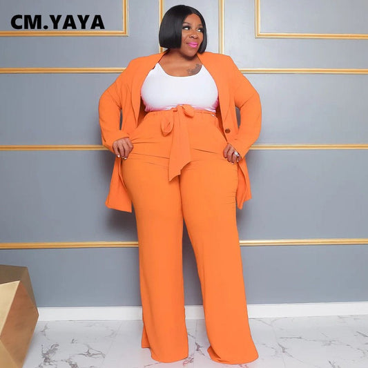 CM.YAYA Fashion Plus Size Women's Set Long Sleeve Blazer and Wide Leg Pants Suit 2023 Summer Two 2 Piece Set Outfits Tracksuit - Polished 24/7