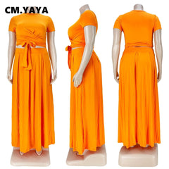 CM.YAYA Plus Size Set Women Soli Short Sleeve Bandage Crop Tops High Waist Loose Long Skirts 2 Two Piece Sets Tracksuit Outfit - Polished 24/7
