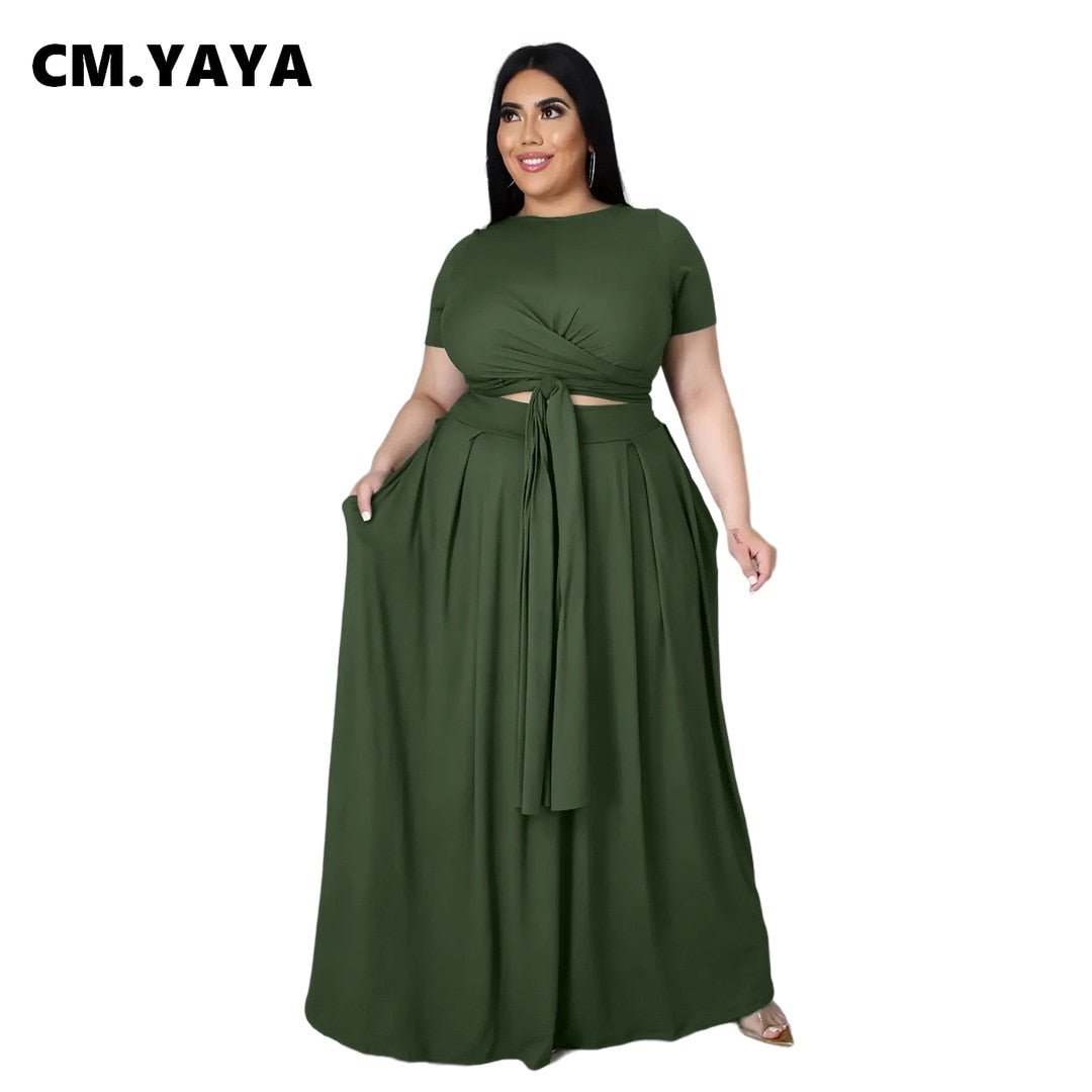 CM.YAYA Plus Size Set Women Soli Short Sleeve Bandage Crop Tops High Waist Loose Long Skirts 2 Two Piece Sets Tracksuit Outfit - Polished 24/7