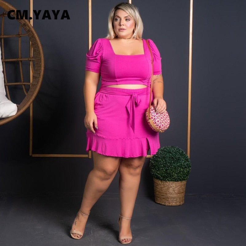 CM.YAYA Women Plus Size Set Solid Square Collar Short Sleeve Crop Tops Bandage Waist Short Skirts 2 Piece Set Sexy Outfit Summer - Polished 24/7