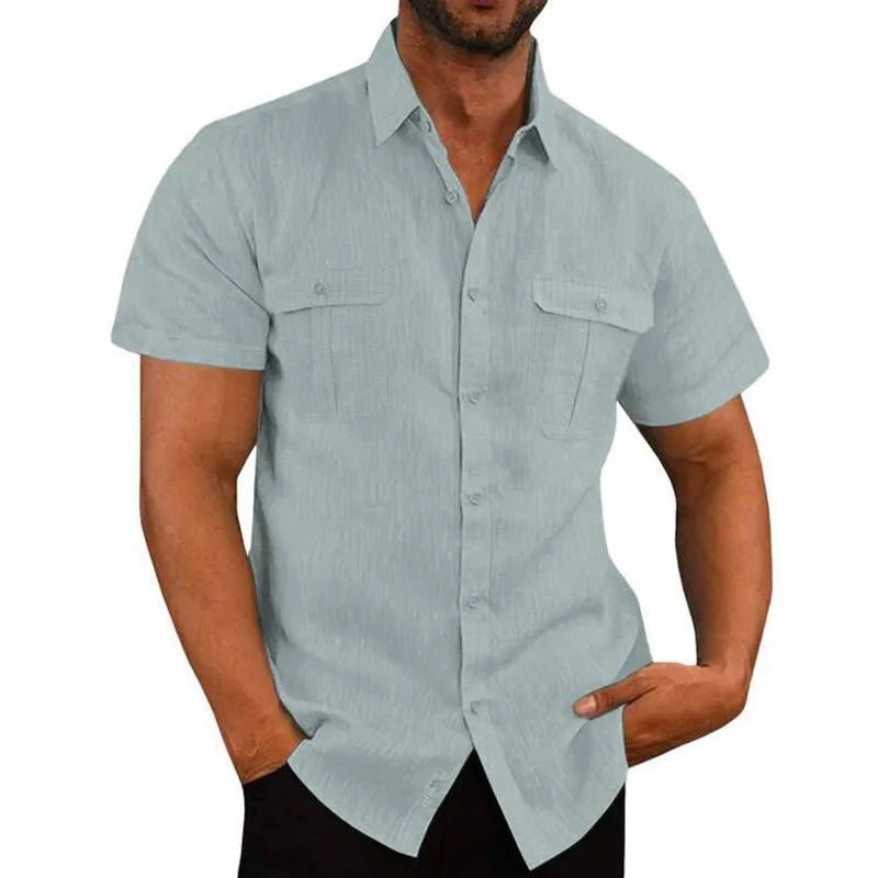 Cotton Linen Casual Short Sleeve Solid Color Turn Down Collar Shirt 5XL - Polished 24/7