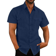 Cotton Linen Casual Short Sleeve Solid Color Turn Down Collar Shirt 5XL - Polished 24/7