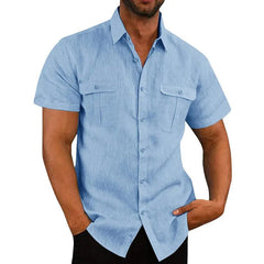 Cotton Linen Casual Short Sleeve Solid Color Turn Down Collar Shirt 5XL - Polished 24/7