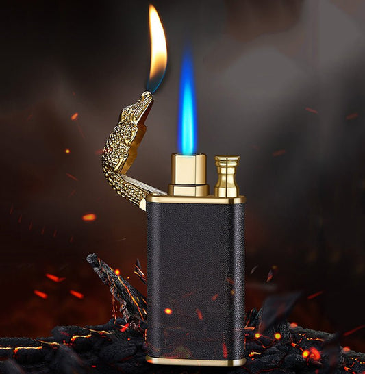 Creative Blue Flame Lighter Dolphin Dragon Tiger Double Fire Metal Winproof Lighter Inflatable Lighter - Polished 24/7