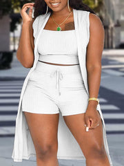 Curvy Three Piece Set, Women's Plus Solid Ribbed Round Neck Tank Top & Drawstring Shorts & Split Hem Cardigan - Polished 24/7