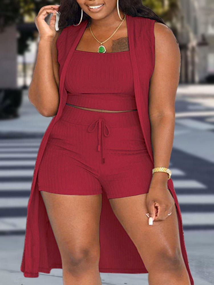 Curvy Three Piece Set, Women's Plus Solid Ribbed Round Neck Tank Top & Drawstring Shorts & Split Hem Cardigan - Polished 24/7