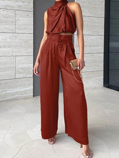 Drauuing Beige Two Piece Pants Sets Women Outfit Silk Pleated Texture Sleeveless Top Wide Leg Pants Set Summer Matching Sets - Polished 24/7