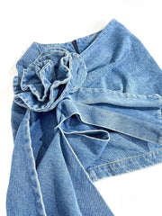 High Waist Three-dimensional Rose Flower Asymmetric Blue Denim Short Skirt - Polished 24/7