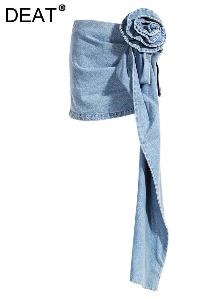 High Waist Three-dimensional Rose Flower Asymmetric Blue Denim Short Skirt - Polished 24/7