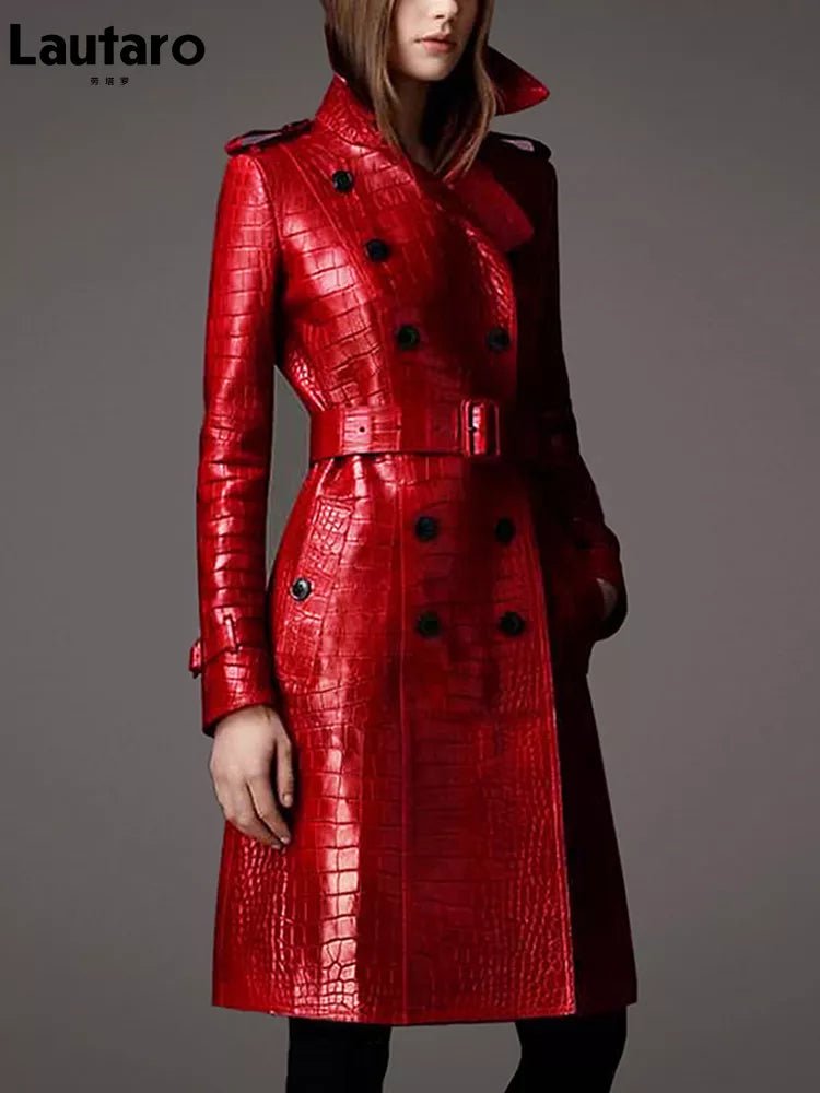 Long Red Crocodile Print Leather Belt Double Breasted Elegant Coat - Polished 24/7