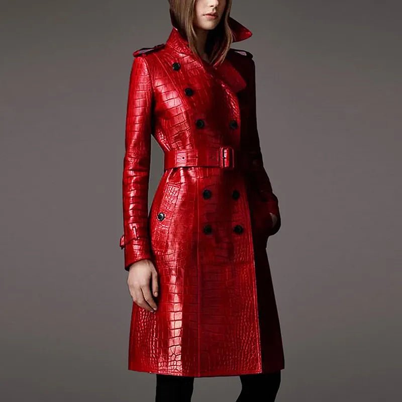 Long Red Crocodile Print Leather Belt Double Breasted Elegant Coat - Polished 24/7