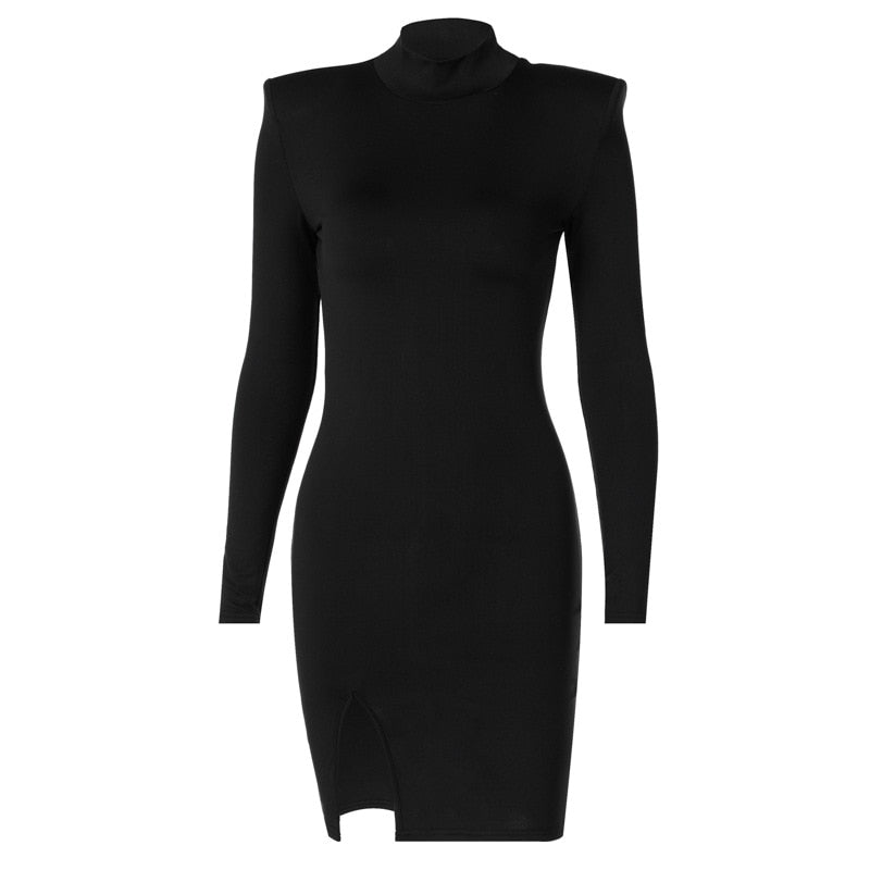 Long Sleeve Body-con Solid Color Black Slim Package Hip Mini Dress - Polished 24/7