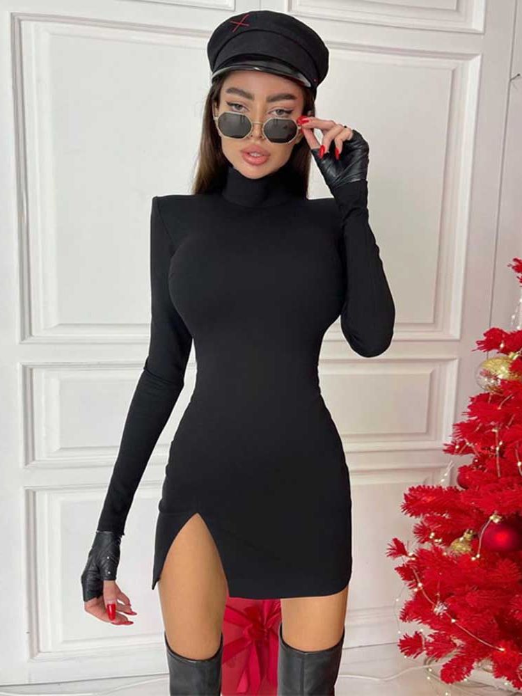 Long Sleeve Body-con Solid Color Black Slim Package Hip Mini Dress - Polished 24/7