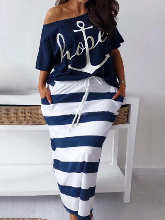 LW Plus Size matching sets Two Piece dress sets Letter Print Striped Skirt Set Fashion Casual Summer Tops+Bottoms Matching Outfi - Polished 24/7