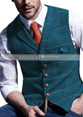 Mens Suit Vest Notched Plaid Wool Herringbone Tweed Waistcoat Casual Formal Business Groomman For Wedding Green/Black/Green/Grey - Polished 24/7