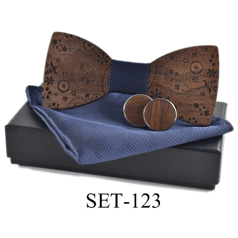 New 2022 wooden tie Cufflinks handKerchief fashion wood bow tie wedding dinne printing Handmade corbata Wooden Ties Gravata set - Polished 24/7