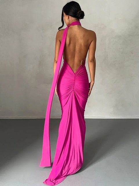 One Shoulder Backless Adjustable Scarf Loop Ruched Sexy Maxi Dress - Polished 24/7