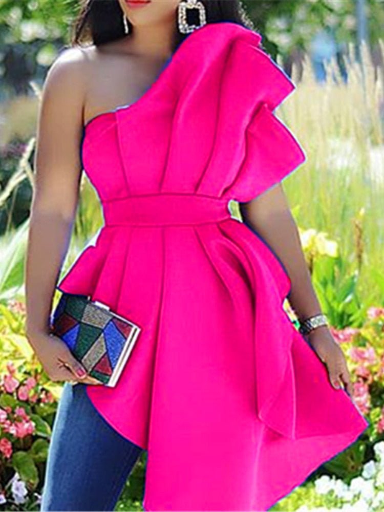 One Shoulder Party Blouse with Peplum Ruffle - Polished 24/7