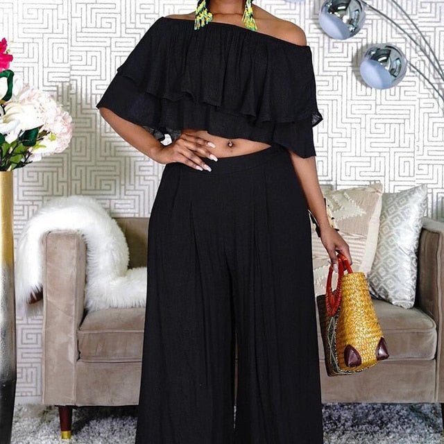 Plus Size 2 Piece Set for Women Clothing Sexy Off Shoulder Crop Top Casual Elegant Wide Leg Long Pants Fashion Outfits Party - Polished 24/7