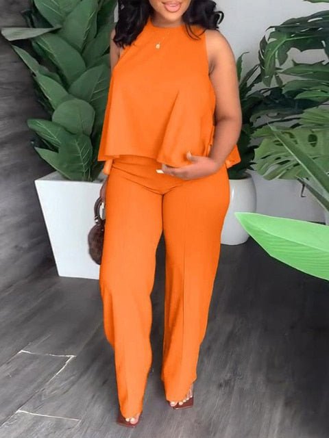 Plus Size Casual Outfits Two Piece Set, Women's Plus Solid Round Neck Tank Top & Pants Outfits 2 Piece Set - Polished 24/7